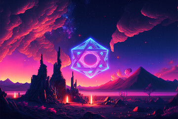 Wall Mural - Surreal Psychedelic Trippy Desert Mountain Galaxy Landscape with Neon Celestial Shapes, Double Tetrahedron, Merkaba, Star of David, Sacred Geometry Generative AI