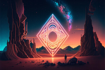 Wall Mural - Surreal Psychedelic Trippy Desert Mountain Galaxy Landscape with Neon Celestial Shapes, Large Central Diamond Generative AI