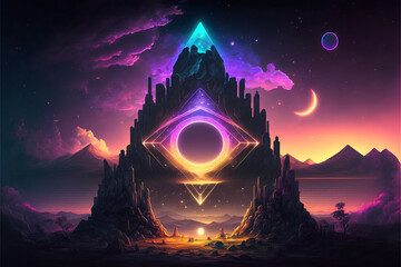 Wall Mural - Surreal Psychedelic Trippy Desert Mountain Galaxy Landscape with Neon Celestial Shapes, Large Central Diamond Generative AI