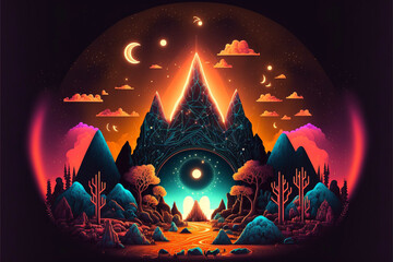 Wall Mural - Surreal Psychedelic Trippy Desert Mountain Galaxy Landscape with Neon Celestial Shapes, vignette Generative AI