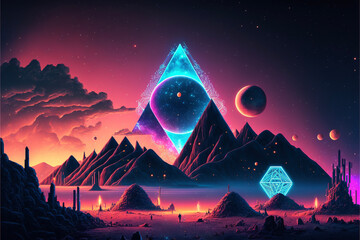 Surreal Psychedelic Trippy Desert Mountain Galaxy Landscape with Neon Celestial Shapes, Central Pyramid Triangle Generative AI