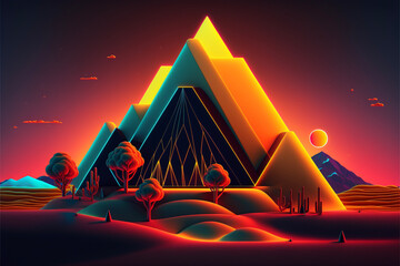 Wall Mural - 3d Render Neon Pyramids in the Mountains in the Desert Generative AI