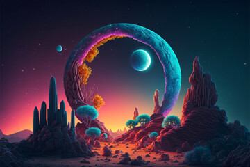 Wall Mural - Surreal Psychedelic Trippy Desert Mountain Galaxy Landscape with Neon Celestial Shapes, Large Central Halo Circle Generative AI