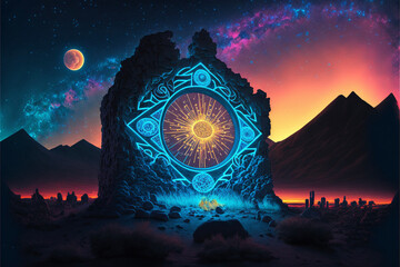 Wall Mural - Surreal Psychedelic Trippy Desert Mountain Galaxy Landscape with Neon Celestial Shapes, Large Central Diamond Generative AI