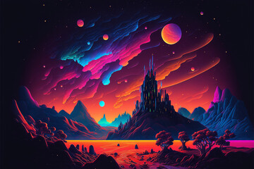 Wall Mural - Surreal Psychedelic Trippy Desert Mountain Galaxy Landscape with Neon Celestial Shapes Generative AI