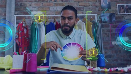 Poster - Animation of portrait of biracial businessman in office having video call over scope scanning