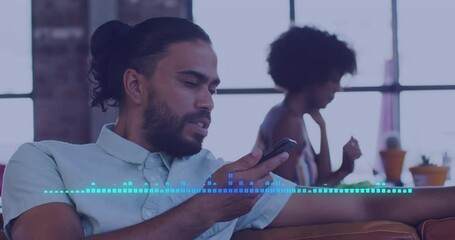 Poster - Animation of moving columns over biracial businessman talking on smartphone