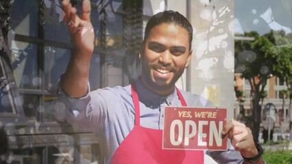 Poster - Animation of portrait of biracial male shop assistant with open sign over leaves