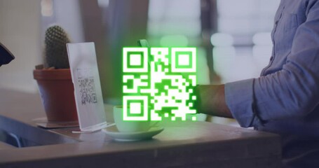 Poster - Animation of qr code over biracial businessman using smartphone