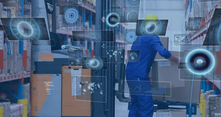 Poster - Animation of data processing with scope scanning over caucasian worker in warehouse