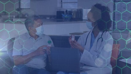 Poster - Animation of shapes over diverse doctor and patient using laptop and talking