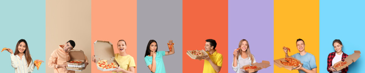 Canvas Print - Set of people with delicious pizza on color background