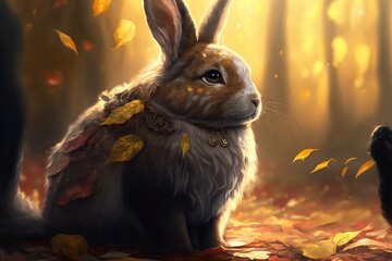  rabbits in autumn forest. Generative AI