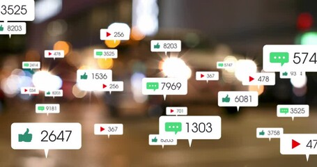 Poster - Animation of notification icons with increasing numbers over people walking in illuminated city