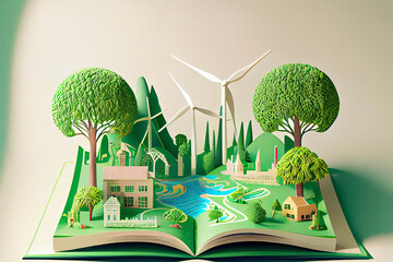 Open book of green city environment in 3d paper cut style with trees