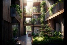 Residential Buildings Architecture Made Of Prefabricated Wood First Floor Has Concrete Facade Sustainable Facades Sustainable Architecture View From Courtyard With Biodiverse Landscape And Nature 