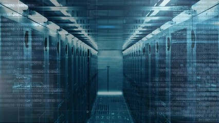 animation of programming language and binary codes over data server racks