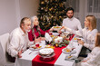 © Oleksii Syrotkin/Stocksy - Grandfather grandchild communicate Christmas dinner eating