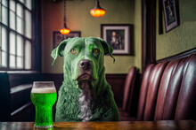 Green Dog With Green Beer In An Irish Pub, St. Patrick's Day. Generative AI