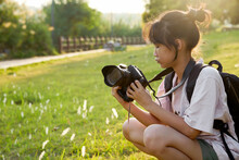 Asian Little Girl Photographer, Practising Photography Outdoors