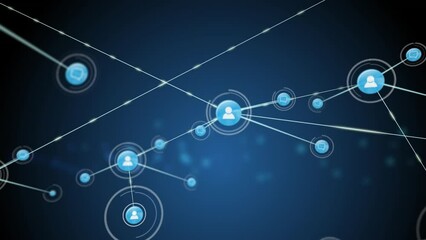 Poster - animation of people and message icons connected with lines over blue background