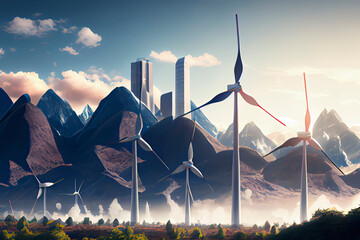 Wall Mural - concept environment and renewable energy illustration. Wind turbines with city and mountain