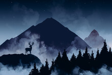 Deer On The Mountain Under A Starry Sky
