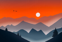 Sunset With The Silhouette Of Mountains And Fog