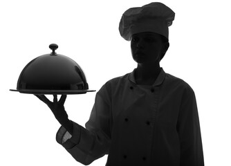 Canvas Print - Silhouette of female chef with cloche on white background