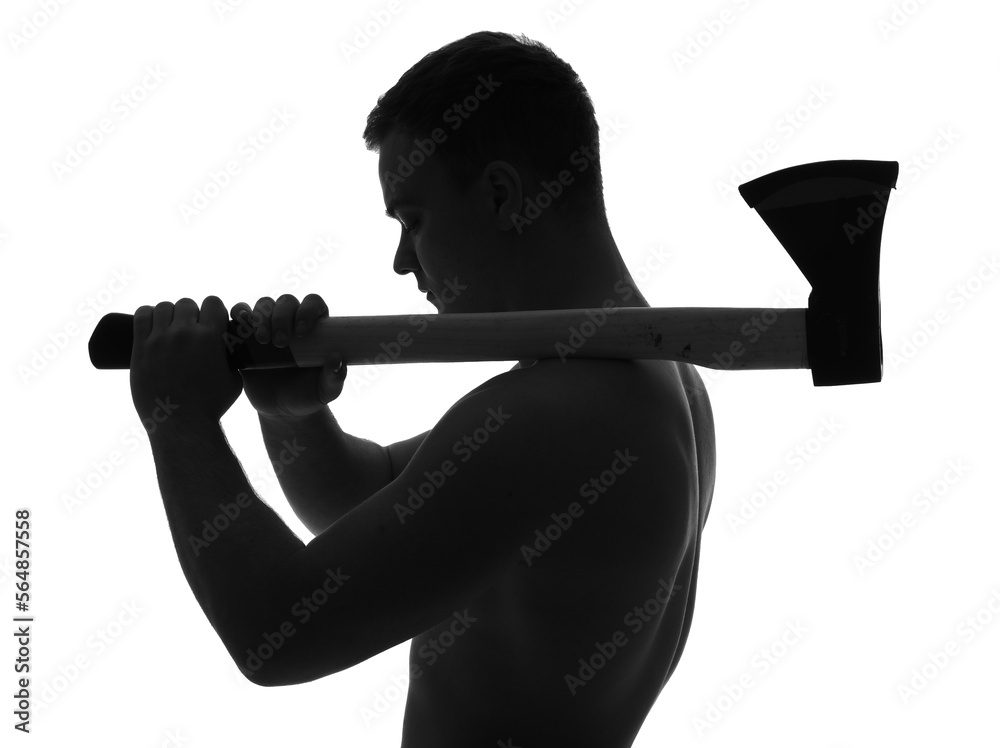 Silhouette of muscular young man with axe on white background