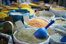 A Detail Of Different Grains For Sale In The Souk In Tangier, Morocco.