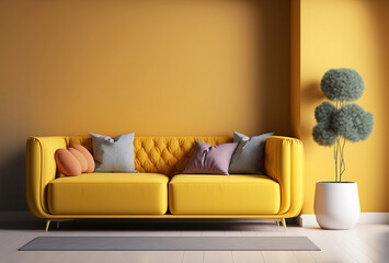 Wall Mural - Bright vibrant living room - yellow background. Mustard furniture in interior design room. Large corner sofa. Mockup for art. 3d rendering