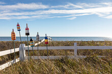 Cape Cod Ocean Landscape With Nature  Dune Grass And Lobster Buoys