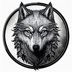 Emblem illustration, wolf amulet in silver circle, logo, white background. Generative AI