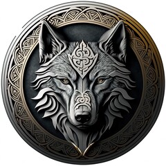 Naklejka na meble Emblem illustration, wolf amulet in silver circle, logo, white background. Generative AI