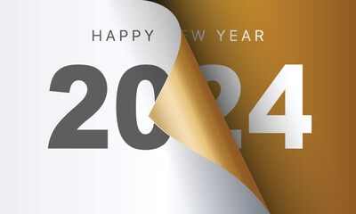 Happy New Year 2024 greeting card design template. End of 2023 and beginning of 2024. The concept of the beginning of the New Year. The calendar page turns over and the new year begins.