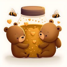 A Cartoon Of Two Bears In Love Eating Jar Of Honey On Its Side Spilled With Heart Shaped Honey Bees Flying Around With A White Background 