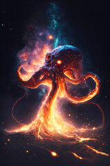 Wall Mural - giant octopus on fire that is moving through interstellar space. Generative AI