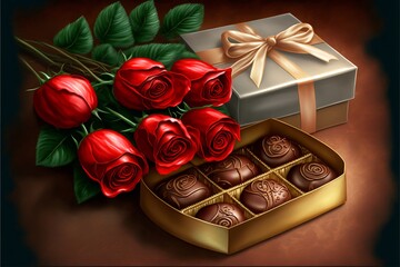 Wall Mural - Bouquet of red roses and a box of chocolates for a Valentine's Day gift