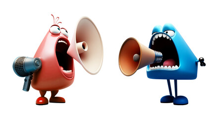 Wall Mural - Two characters shout at each other through a megaphone. The concept of conflict. Emotionally negative situation. Bad news. Quarrel between man and woman