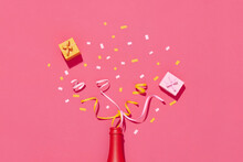 Creative Layout With Champagne Bottle And Colorful Glitter