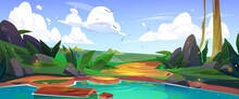 Summer Landscape With Green Grass, Lake Water, Tree, Clouds And Flying Birds In Sky. Nature Scene With Fields, River Or Pond Shore, Stones And Log, Vector Cartoon Illustration