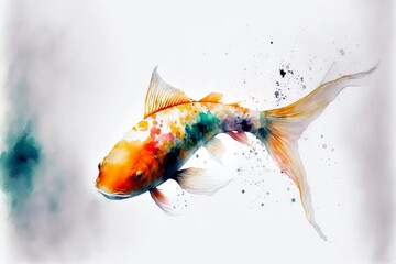 Watercolor Illustration of Colorful Koi Fish Swimming in Water, Pond, Pool - Isolated on White, Generative AI