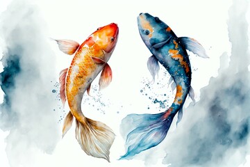 Wall Mural - Watercolor Illustration of Two Colorful Koi Fish Swimming in Water, Pond, Pool - Isolated on White, Generative AI
