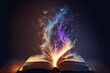 Opened magic fantasy book with magical particles flying above upwards. Generative AI