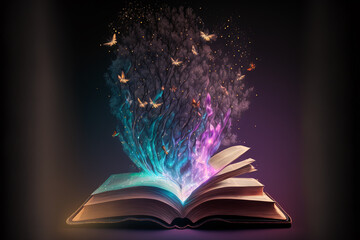 opened magic fantasy book with magical particles flying above upwards. generative ai