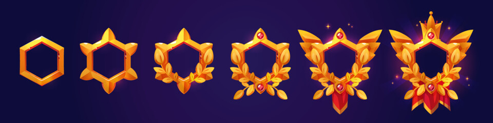 Poster - Golden hexagon frames of game avatars. Fantasy ranking badges with golden borders with laurel, gems, crown and red pennant, vector cartoon set isolated on background