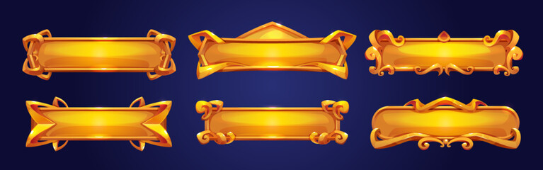 Poster - medieval buttons, ui game menu elements, gold metal oblong banners and ornate rims. empty royal gui 