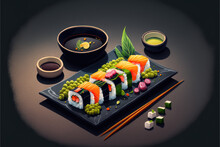 Healthy And Vegan Sushi Roll Made With Fresh And Colorful Vegetables And Fruits, Artfully Arranged On A Black Stone Plate. Accompanied By A Side Of Traditional Soy Sauce, Served In A Simple White Bowl
