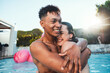Love, pool party and couple hug, having fun and bonding together. Swimming, romance diversity and happy man and woman hugging, cuddle or laugh at funny joke in water at summer event or celebration.